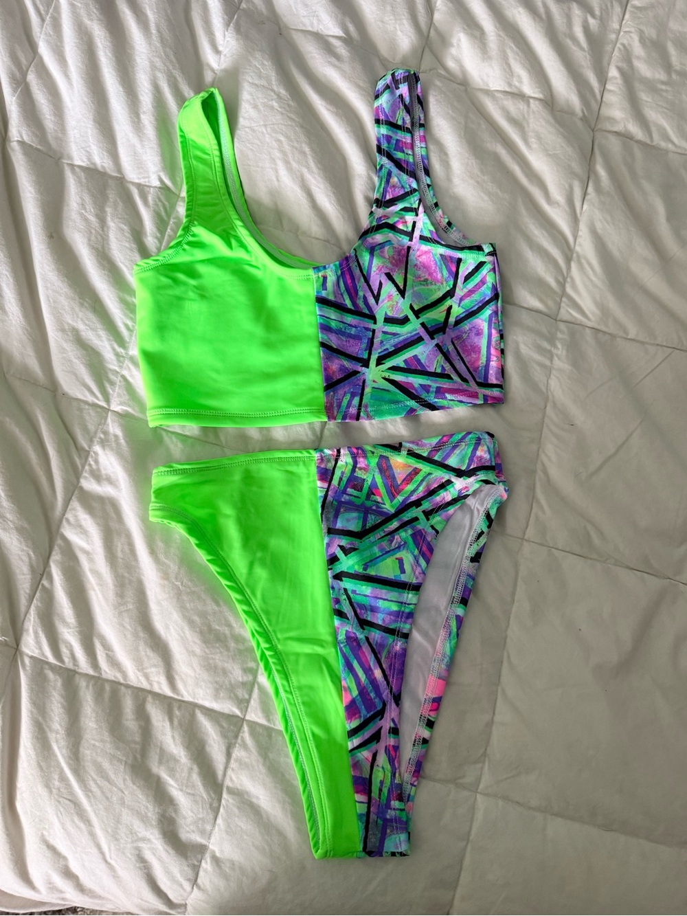 Neon Green & Multicolor Women's Two-Piece Rave Set